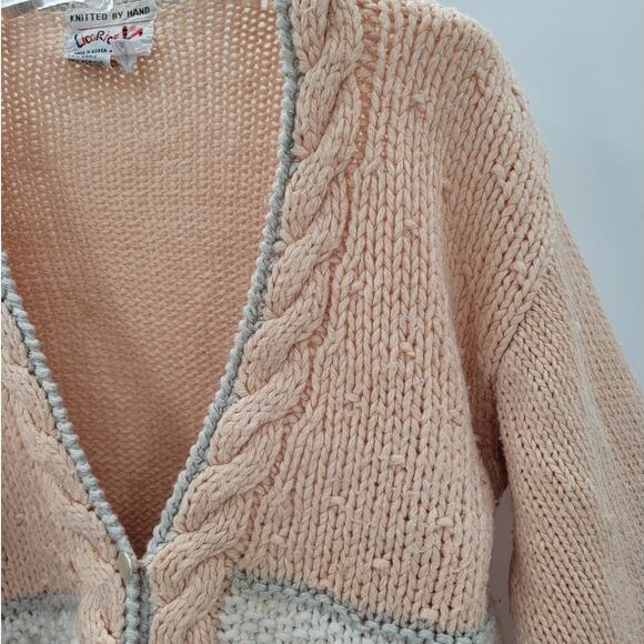 Licorice Vintage Peach Cream Striped Cable Knit V neck Cardigan Sweater Jacket - Picture 11 of 13